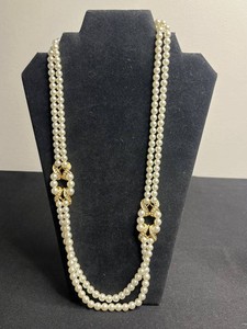 Faux Pearl Necklace - Double-Strand Gold-Tone Rhinestone