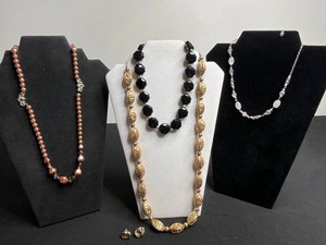 VTG Costume Jewelry Mixed Lot - 4 Necklaces & Gold Tone Clip Earrings