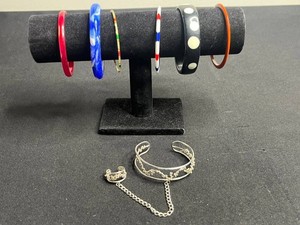 VTG Costume Jewelry Bangles & Hand Chain Cuff Bracelet Connected to Matching Finger Ring Mixed Lot
