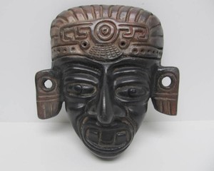 Vintage Black Clay Mayan Warrior Face Sculpture