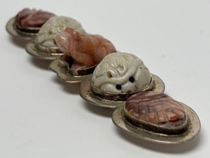 Large Vintage Sterling Silver &amp Hand Carved Stone Brooch Pendant w Frog