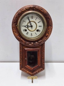 Nice Vintage Wood Regulator Clock wPendulum &amp Key