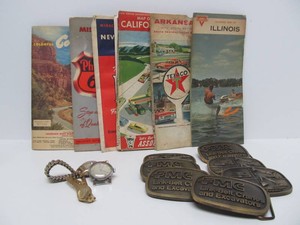 Group including Vintage Mens Watch, Belt Buckles &amp Old Advertising Road Maps