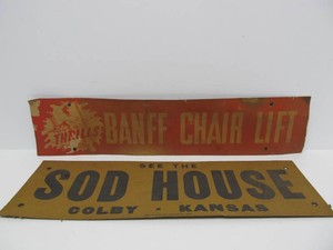 2 Vintage 1940s -50s era Cardboard Advertising Signs - Banff Chair Lift Skiing &amp the Sod House in Colby, Kansas