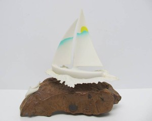 Signed JOHN PERRY Sailboat &amp Dolphin Nautical Sculpture on Burled Wood Base