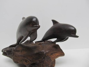 Carved Hardwood Dolphin Sculpture wBurled Wood Base