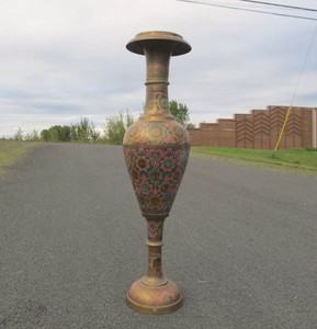 LARGE Vintage Hand Painted &amp Etched Brass Urn