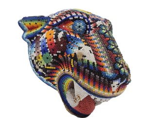 Very Cool Hand Beaded Carved Wood Jaguar Head&nbsp