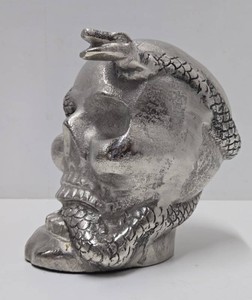 Unusual Silvertone Skull Sculpture wSnakes