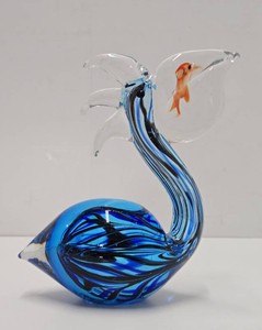 Handblown Blue Swirled Art Glass Pelican wFish
