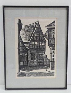 Framed Signed Mid Century Woodcut or Linocut Print - Dated 1963