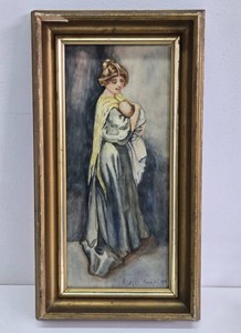 Framed Signed Antique Watercolor Painting of a Woman Holding a Baby - Signed Audell Fraehlich