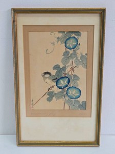 Framed &amp Hand signed Vintaeg Oriental Artwork - Bird &amp Morning Glory