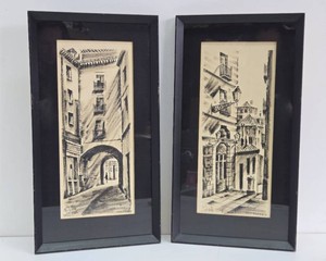 Pair of Framed Signed Mid Century Spanish Artworks