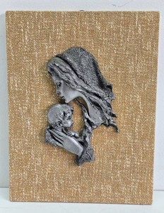 Mid Century Wall Sculpture on Burlap Background - Mother &amp Child