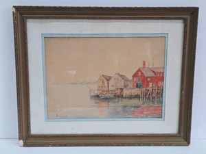 Very Nice Vintage Original Watercolor Harbor Scene Painting - Signed Brown