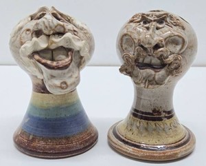 Pair of Signed Art Pottery Stoneware Face Frogs by John Coiner - Minneapolis