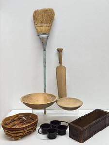 Lot of Primitives - Wooden Items - Broom, Iron Muffin Pan etc