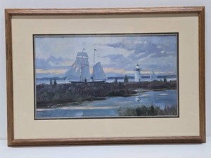 Large Framed Nautical Shore Print wSailing Ship &amp Lighthouse