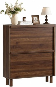 $130 Shoe Storage Cabinet with 2 Flip Drawers, Slim Shoe Rack Cabinet with Integrated slant-grip handle, Narrow Shoe Cabinet Storage for Entryway Entrance, Freestanding Shoe Organizer Cabinet (Walnut)