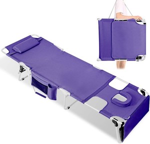 Tanning Chair with Face Hole, Adjustable Folding Chaise Lounge Chairs for Outside with Detachable Pillow & Pocket Portable flat beach chairs for sunbathing, beach lawns camping (Purple, Standard)