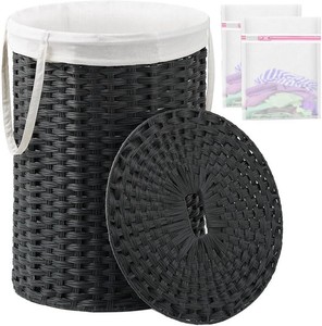 SETVSON Laundry Basket with Lid Round 29.1 Gal PE Rattan, Black
