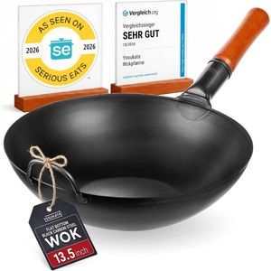 YOSUKATA 13.5 Pre-Seasoned Carbon Steel Wok Pan, Flat Bottom Stir Fry Pan for Gas, Electric, Induction & Open Fire, Traditional Asian Cookware for Kitchen, BBQ & Camping Use