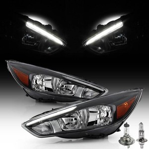 $166 Compatible With 2015-2018 Ford Focus STSES Halogen Headlight Assembly Ford Focus Headlamp Right And Left Side WLED DRL & Bulbs(Not Fit Original With LED DRL Models),Black Housing Amber Reflector