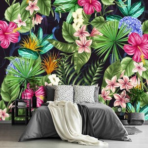 $130 Pink Floral Tropical Botanical Wallpaper Green Plant Leaf Large wall Mural for Living Room Bedroom (Papel tapiz para pared de habitacion) 151x105 (Not Peel and Stick)