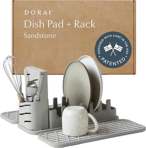 $128 Dorai Home Collapsible Dish Drying Rack with Stone Dish Pad - Kitchen Counter Set with Diatomaceous Earth Stone Dish Mat for Quick Drying - Space-Saving Design - Original 19.9x15.2, Sandstone