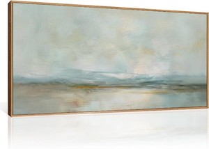 HLNIUC Sage Green Abstract Framed Canvas Wall Art, Watercolor Landscape Horizontal Wall Decor, Neutral Minimalist Lake Artwork(40x20), Large Boho Modern Scenery Prints for Living Room, Bedroom, Office