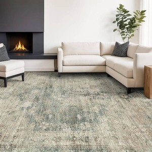 $200 Washable Moss Green 9x12 Rug for Living Room -Modern Large Rug for Bedroom, Dining Room Under Table, Non Slip &Soft Low Pile Farmhouse Carpet, Distressed Design