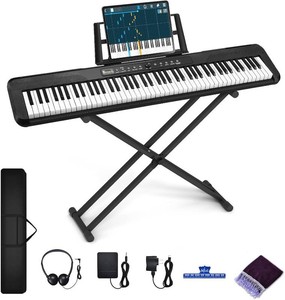 $120 88 Key Piano Keyboard, Electric Digital Piano with Semi Weighted Keys, Keyboard Piano with Sustain Pedal, Power Supply, Stand, Carrying Case, Headphones, USB-MIDI Compatibility, for Beginner Adults