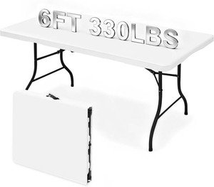 Heavy Duty 6ft Folding Table, Portable Fold-in-Half 6 Foot Foldable Table, Table of Utility Dining Indoor Outdoor with Carrying Handle for Camping Picnic and Party, White
