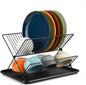 Black Foldable Double-Tier Dish Rack Large-Capacity Expandable Dish Rack, Rust-Proof Dish Rack, Draining Tray Suitable for Kitchen Worktops (Black)