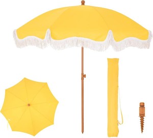 7ft Fringe Beach Umbrella with Sand Anchor Outdoor Patio, UPF 50, Yellow