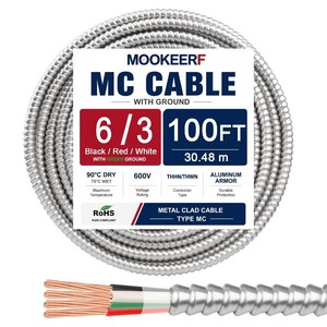 $520 MOOKEERF 63 MC Cable with Ground - 100FT Pure Copper 6AWG3 Metal Clad Wire with Aluminum Armor 6 Gauge 3 Conductor Type MC Alum Cable