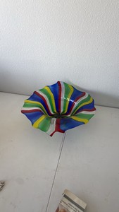 Colorful Hand-Blown Art Glass Ruffled Bowl  Centerpiece
