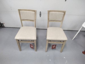 Linon Home Decor Upholstered Folding Chairs, Set of 2, Beige Fabric with Graywash Wood, New with Tags