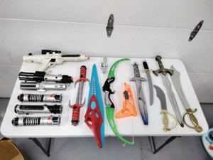 Lot of Toy and Costume Weapons - Saber Hilts, Swords, Daggers, Sai, Toy Bow and Blaster - All Damaged