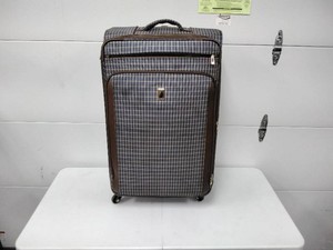 London Fog Large Softside Spinner Suitcase - Blue and Tan Plaid with Brown Trim, 32 in.