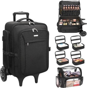 $190 Relavel Rolling Makeup Case with 4 Extra Clear Makeup Bags, Large Make Up Travel Organizer with 2 big Wheels, Professional Lockable Makeup Artist Backpack with Adjustable Dividers for Work - Blac