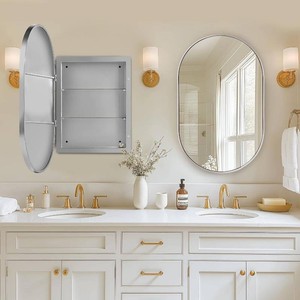 Bathroom Medicine Cabinet with Beveled Mirror, Metal Framed Recessed, Wall Mounted Arched Bathroom Mirror with Storage,Vanity mirror with 2 Adjustable Storage Shelves, Gold (Silver, 34x20 inch)
