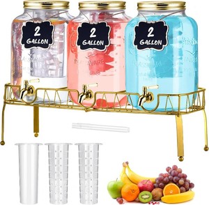 $123 Lallisa 3 Pcs 2 Gallon Glass Drink Dispenser with Stand and Lid Mason Jar Beverage Dispenser with Stainless Steel Spigot, Hanging Chalkboard Signs, (Gold)