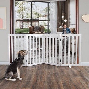 ZJSF Foldable Freestanding Indoor Dog Gate for House Wood White Long Pet Gates Dog Fence for Stairs Puppy Gates for Hallways, Puppy Gate,Support Feet Included 32 Height-4 Panels