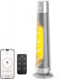 FLANUR 1500W PTC Ceramic Smart Space Heaters for Indoor Use, Portable Heater with Remote & App Control for Large Room, Office, ECO Modes, Safety Protection, 70  Oscillation, 12H Timer, Silver, 1 Pack