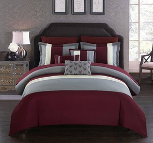 Chic Home Burgundy Bed in a Bag Comforter Set, Queen Size (10 Pieces), Ayelet - Color Block Stripe Premium Microfiber Bedding - Comforter, Flat & Fitted Sheet, Shams, Pillowcases & Decorative Pillows