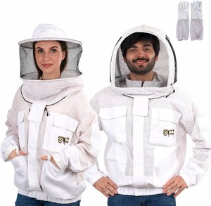 3 Layer Ventilated Sting Proof Bee Jacket for Men & Women, Premium Beekeeping Jacket with Gloves & Two Beekeeper Veils. (White JM)