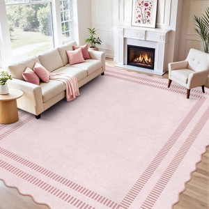 $160 Pink Rugs for Living Room 9x12, Machine Washable Scalloped Area Rugs for Bedroom Girls, Non Slip Ultra-Thin Low-Pile Carpet for Playroom Nursery Kids Room