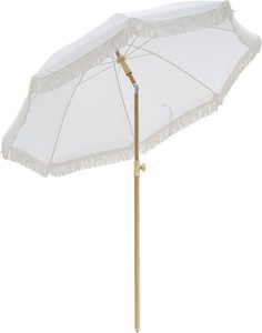 6.5FT Boho Patio Umberlla with Fringe,UPF50 Outdoor Umbrella with Fiberglass Ribs and Push Button Tilt,Tassels Umbrella for Beach,Terrace,Picnic